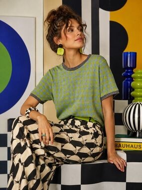 The Kit Ringer Tee Green Plaid Knit  with Contrasting Trim